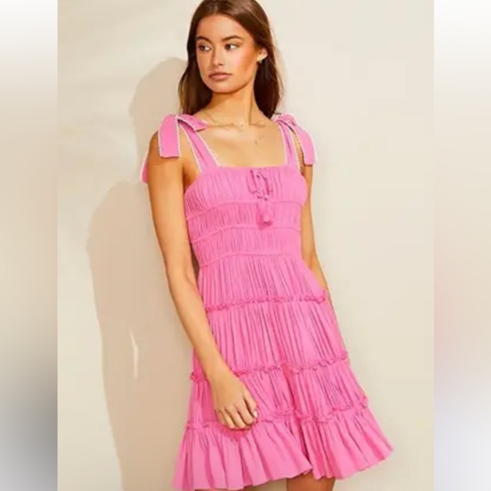 Chelsea and Violet Tie Shoulder Lace Trim Smocked Ruffle Tiered Dress
